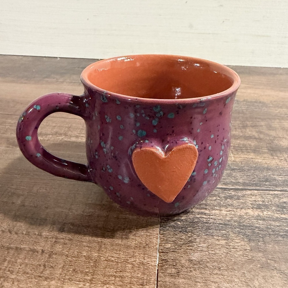 Studio Pottery Heart Mug Handmade Purple Orange Speckled Ceramic Mug 3"